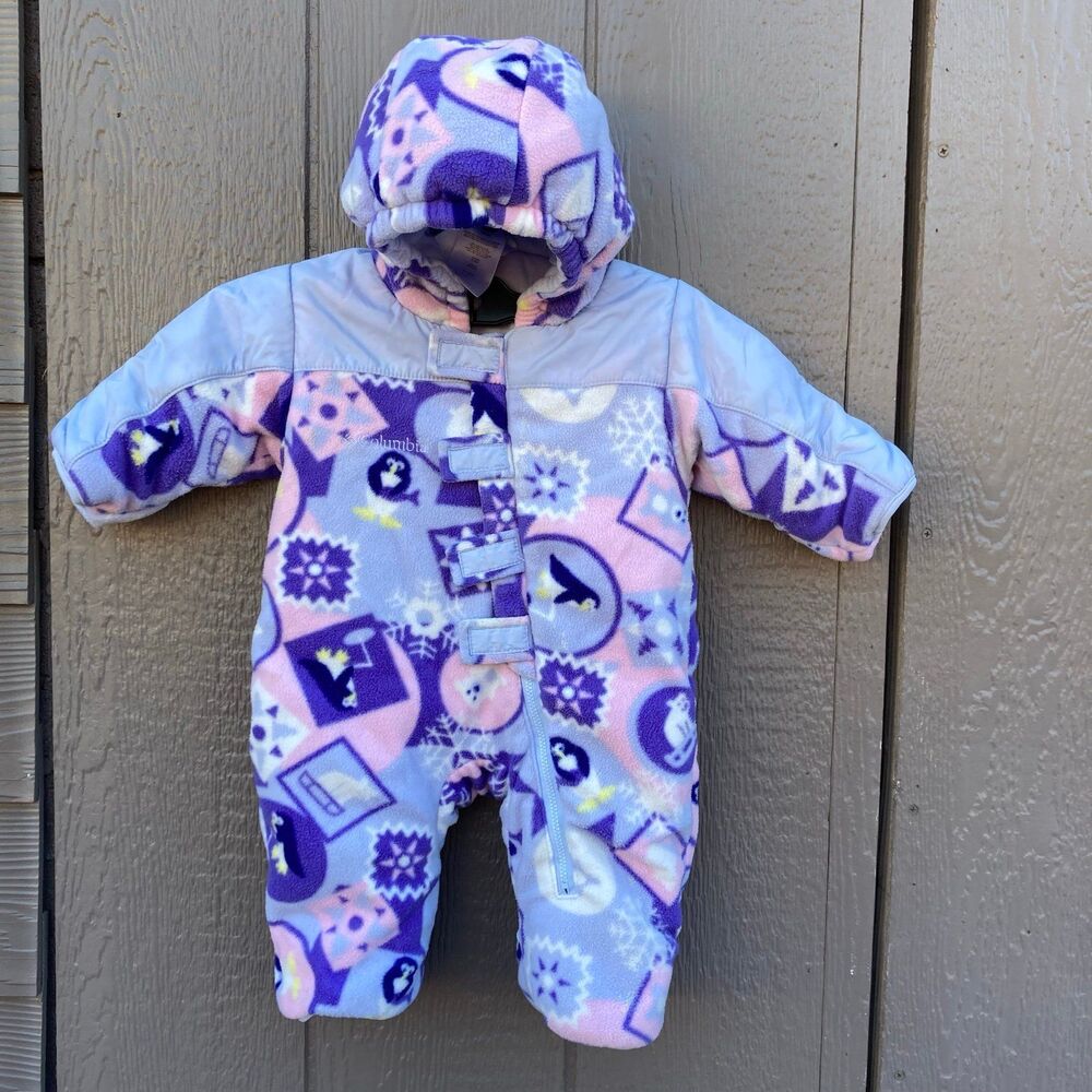 BABY GIRLS SIZE 6M COLUMBIA PURPLE FLEECE PENGUIN HOODED SNOWSUIT BUNTING